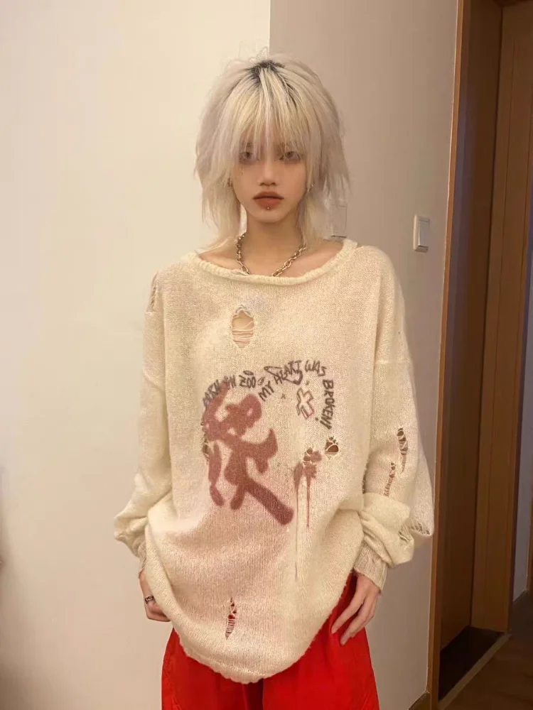 Gothic Hollow Out Y2k Knit Sweater Women Pullover Harajuku Streetwear Tops Long Sleeve Thin Coat Smock Sun Protection Tops New