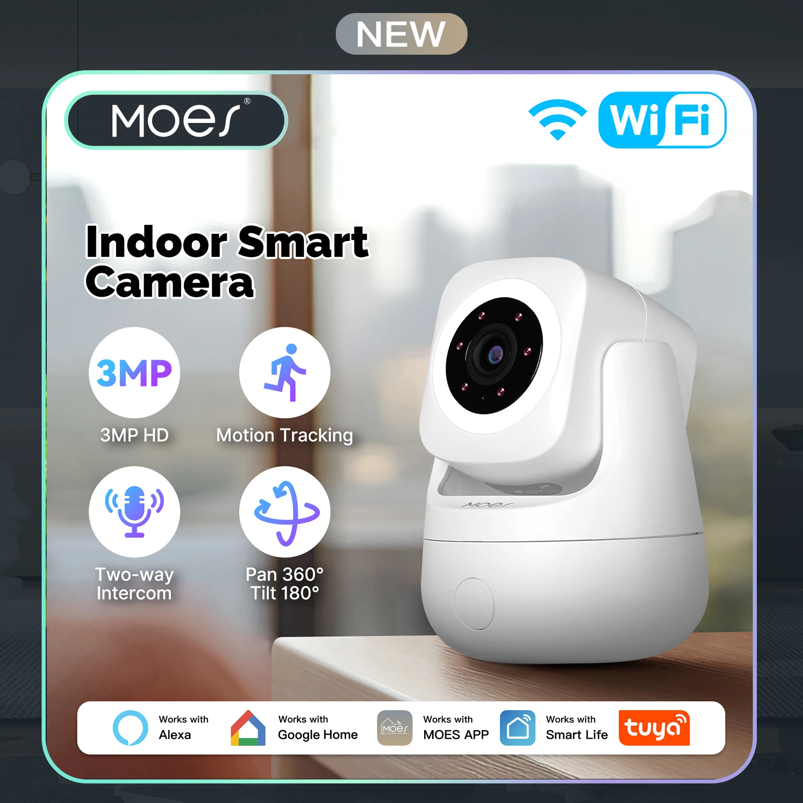 كاميرا مراقبة داخلية MOES 3MP HD، 360 ° رؤية بانورامية، التحكم في تطبيق Tuya، تعمل مع Alexa وGoogle Home، لمراقبة الحيوانات الأليفة المنزلية للأطفال #1