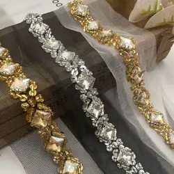 90 ซม.Rhinestone ลูกปัดเย็บปักถักร้อยตาข่ายลูกไม้ผ้าเย็บผ้า Applique DIY Guipure เลื่อมริบบิ้น Trim CRAFT คอตกแต่ง
