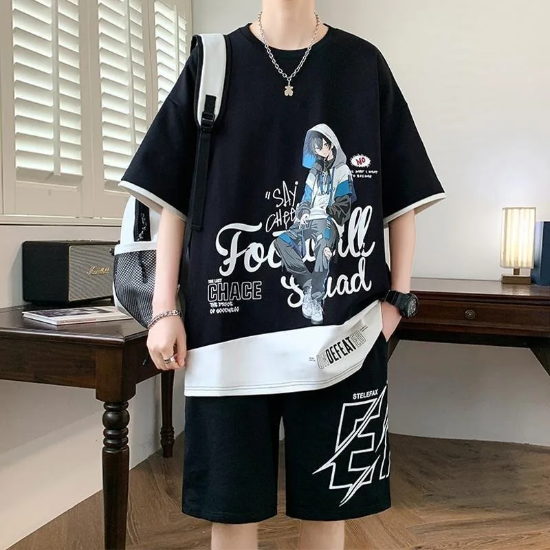 Summer Boys' Sports Set Korean Style High Street Harajuku Leisure Set Men's Clothing Loose T-shirt Shorts 2 Piece Sets New 2025