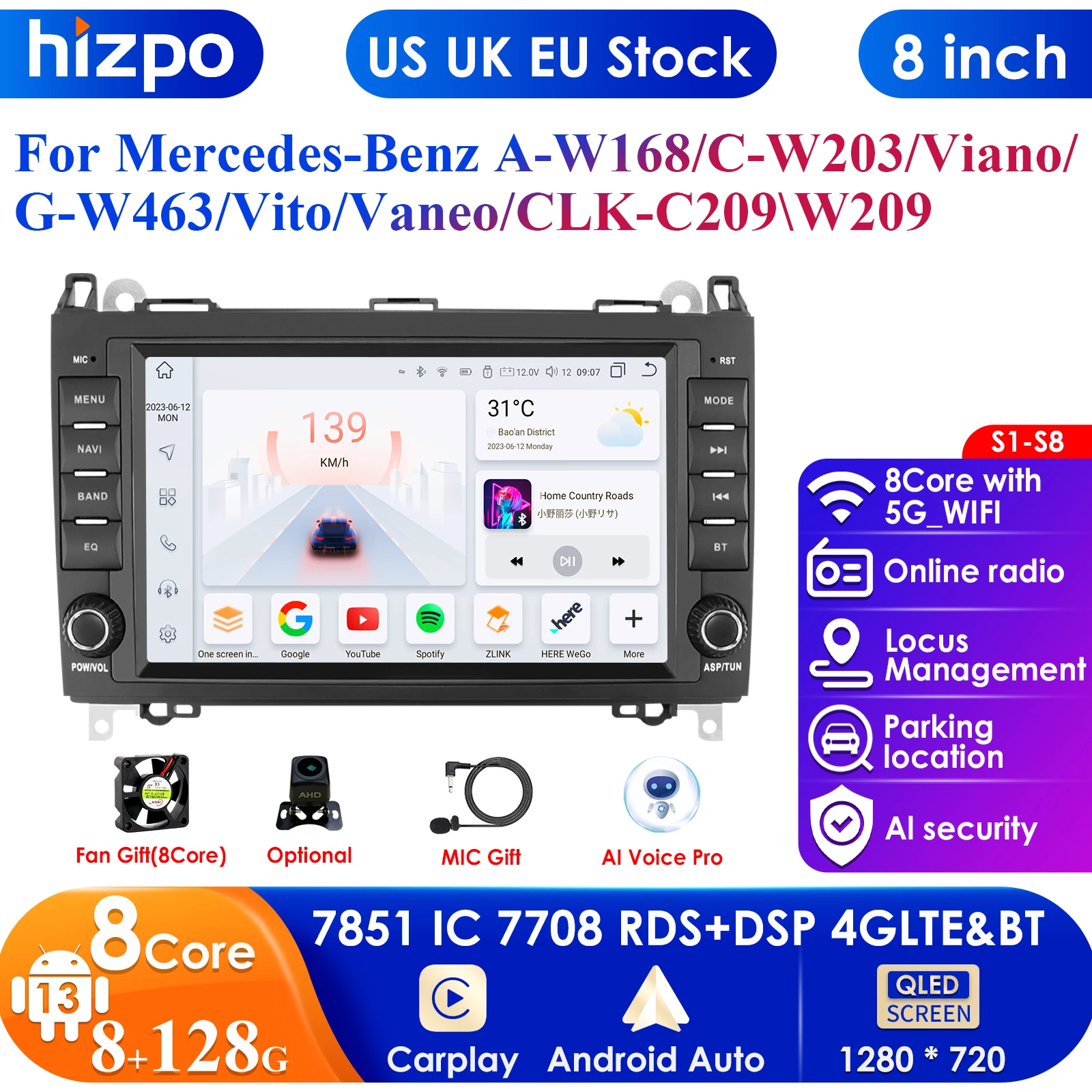 2Din Android 13 Car Radio for Mercedes Sprinter Benz B200 Vito W639 Viano B Class W169 W245 Multimedia Carplay 4G GPS Navigation