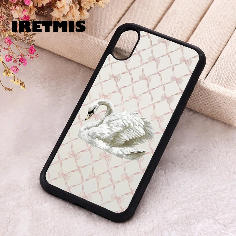 Iretmis Phone Cover Case For iPhone X XS Max XR 11 12 13 PRO MINI 14 15 16 Plus Rubber Silicone Graceful Swan Bloom Pink Bow