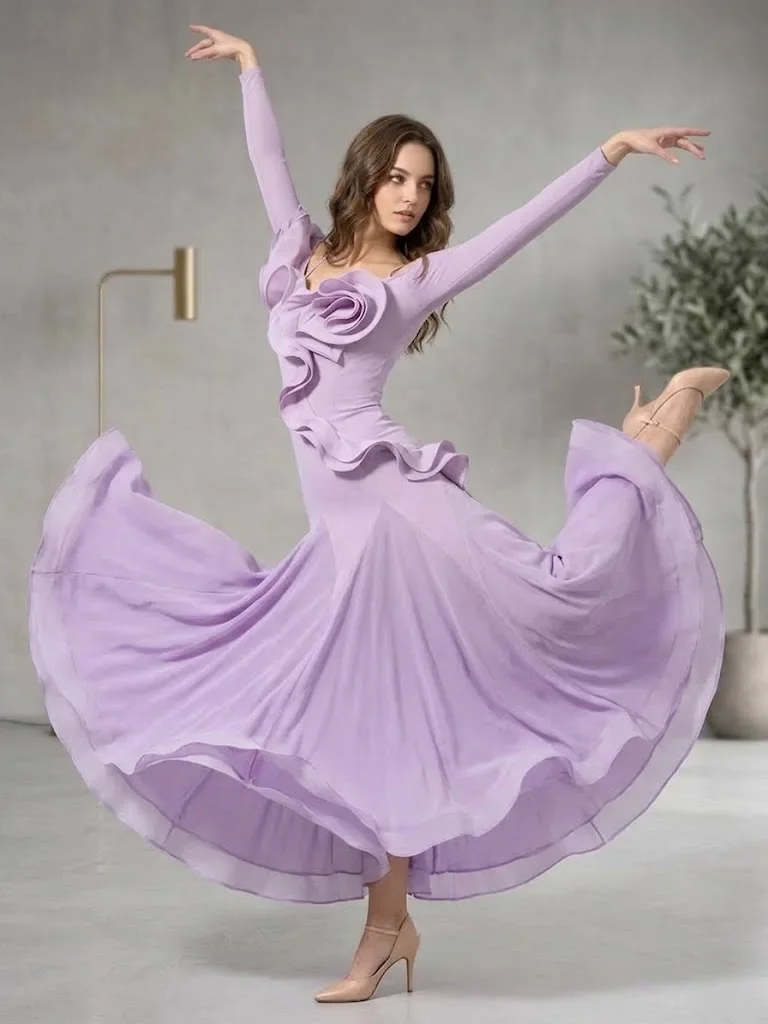 Long Sleeve Modern Waltz Practice Gown Slim Competition Outfit Black Burgundy Cold Shoulder 3D Ruffle Ballroom Dance Dress