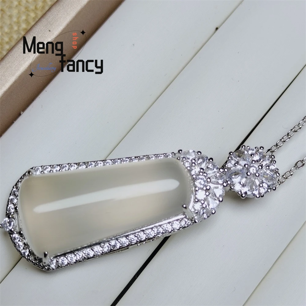 

Silver-Inlaid High-Ice White Chalcedony Pendant Peace Brand, Light Luxury And Fashionable Agate And Jade Pendant Fashion Jewelry