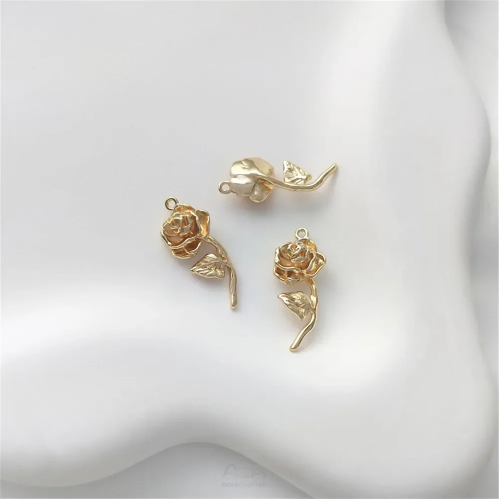 Paquete de oro de 14 quilates, flor de circón con rama y hoja, colgante de rosa, pendientes hechos a mano, collar, pulsera, colgante de joyería DIY