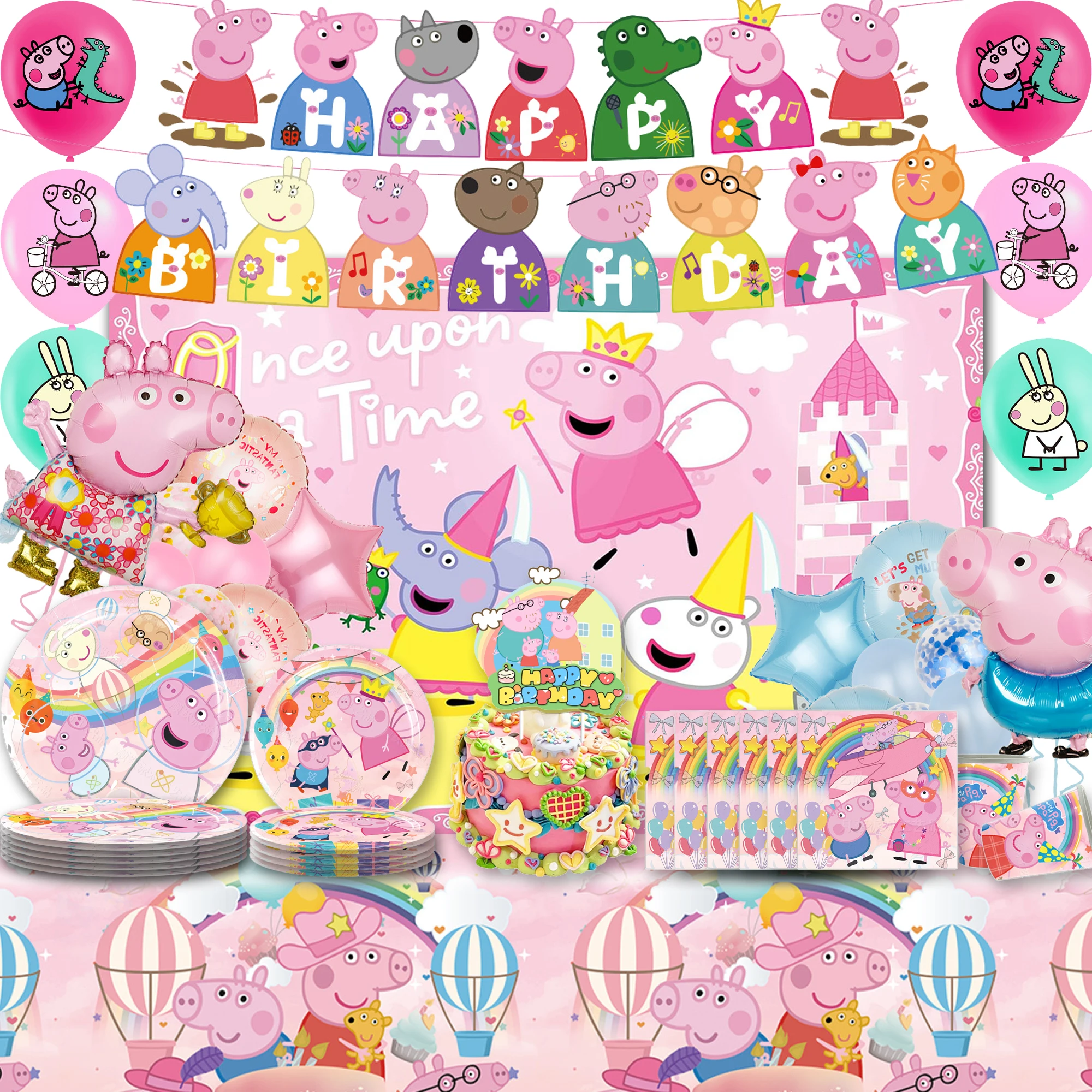 Decoración de cumpleaños de Peppa Pig: Platos, cubiertos, pancarta desechable, adorno para pastel, banderín colgante y globos Stitch.