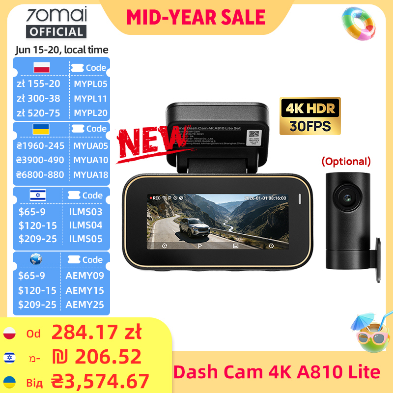  70mai New Genuine Dash Cam 4K A810Lite HDR Supercapacitor 4G LTE Remote Control Wi-Fi 6 GPS Voice Control Car DVR 70mai A810Lite 