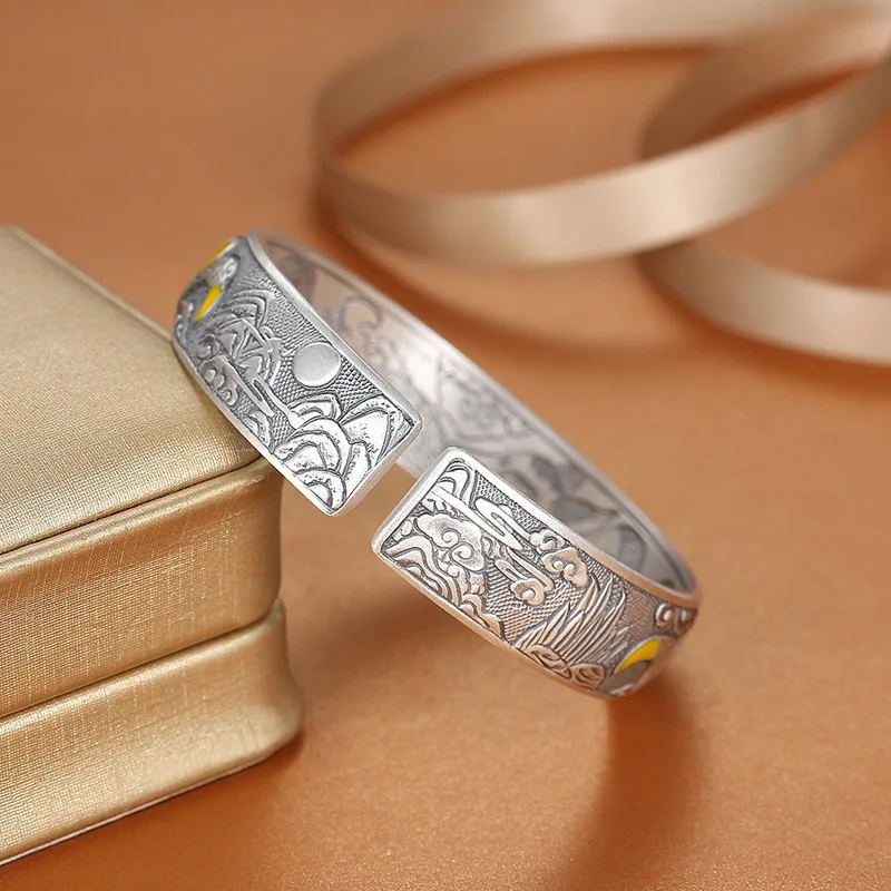 925 Sterling Silver Jewelry Vintage Peony Flower Cuff Bangles Bracelets for Women Wedding Party Jewelery For Girls Friends Gift 3