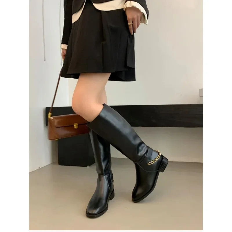 2023 Winter Women Long Boot Fashion Genuine Leather Ladies Knee-High Boots Shoes Square Low Heel Women's Black Knight Botties