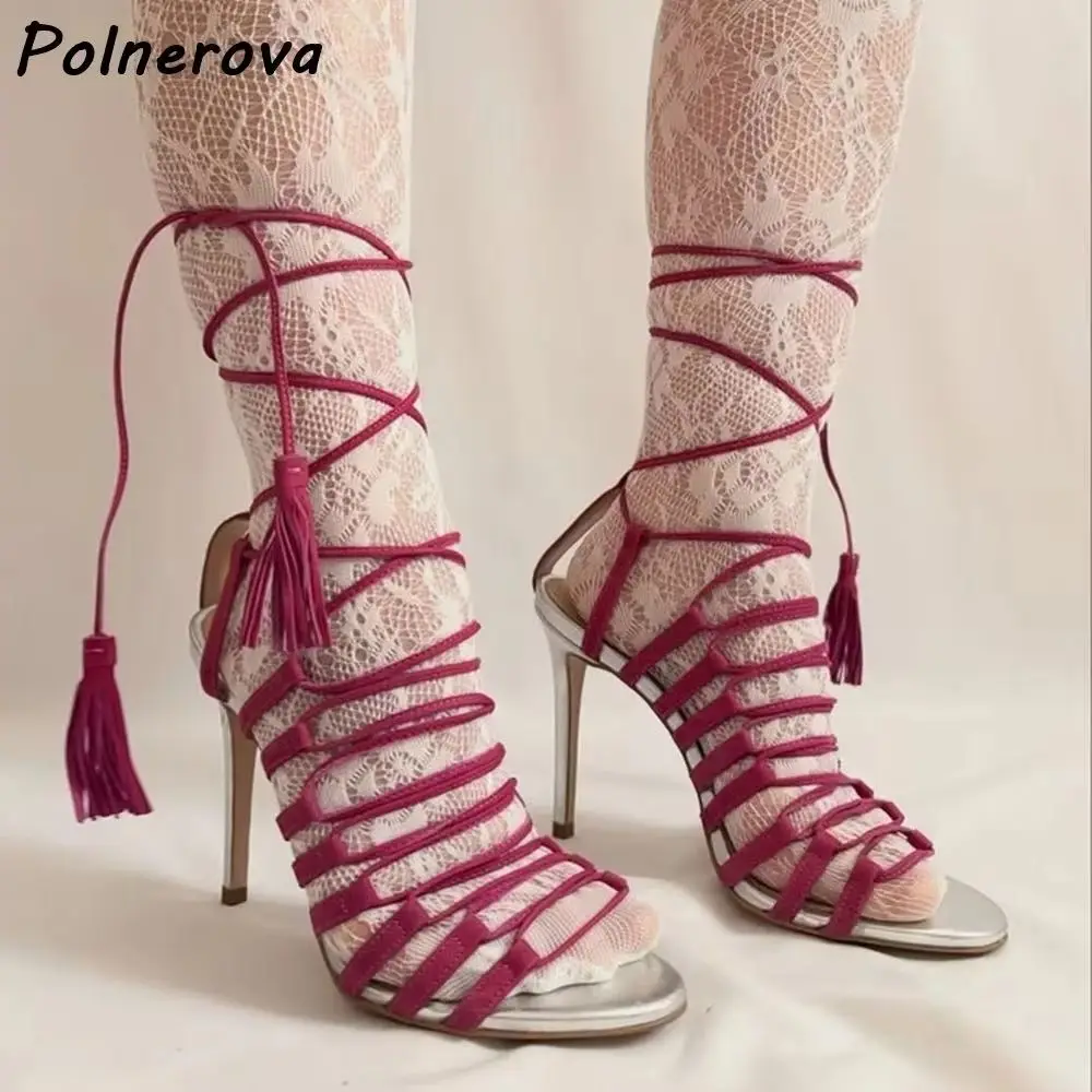 Tassel Lace Up Gladiator Stiletto Sandals Open Toe Multi Thin Strap Suede Wrap Leg Shoes Elegant Strappy Summer Sexy Women Shoes