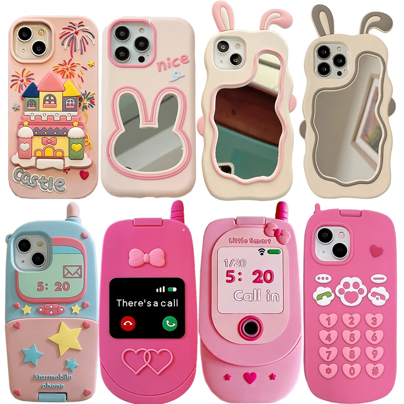 

INS Pop Fashion Mirror Film Flip Case for iPhone 16 15, 14 , 13, 12 Pro Max, I11, Girl gift , Soft Silicone, Cute 3D Phone Cover