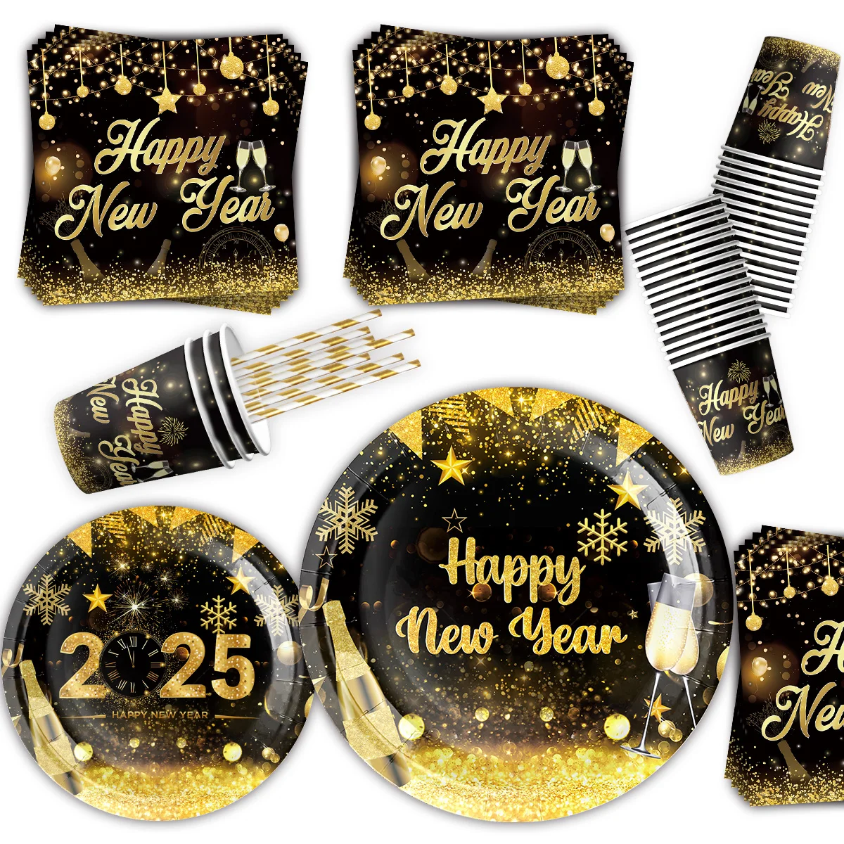 Disney Black Gold New Years Eve Tableware Plates Cups Napkins Set Party Decoration 2025 New Year Party Supplies