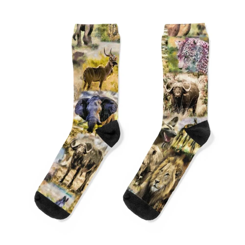 African Wildlife Collage in Impressionist Style Artwork Socks funny gifts designer custom sports Boy Socks Women's
