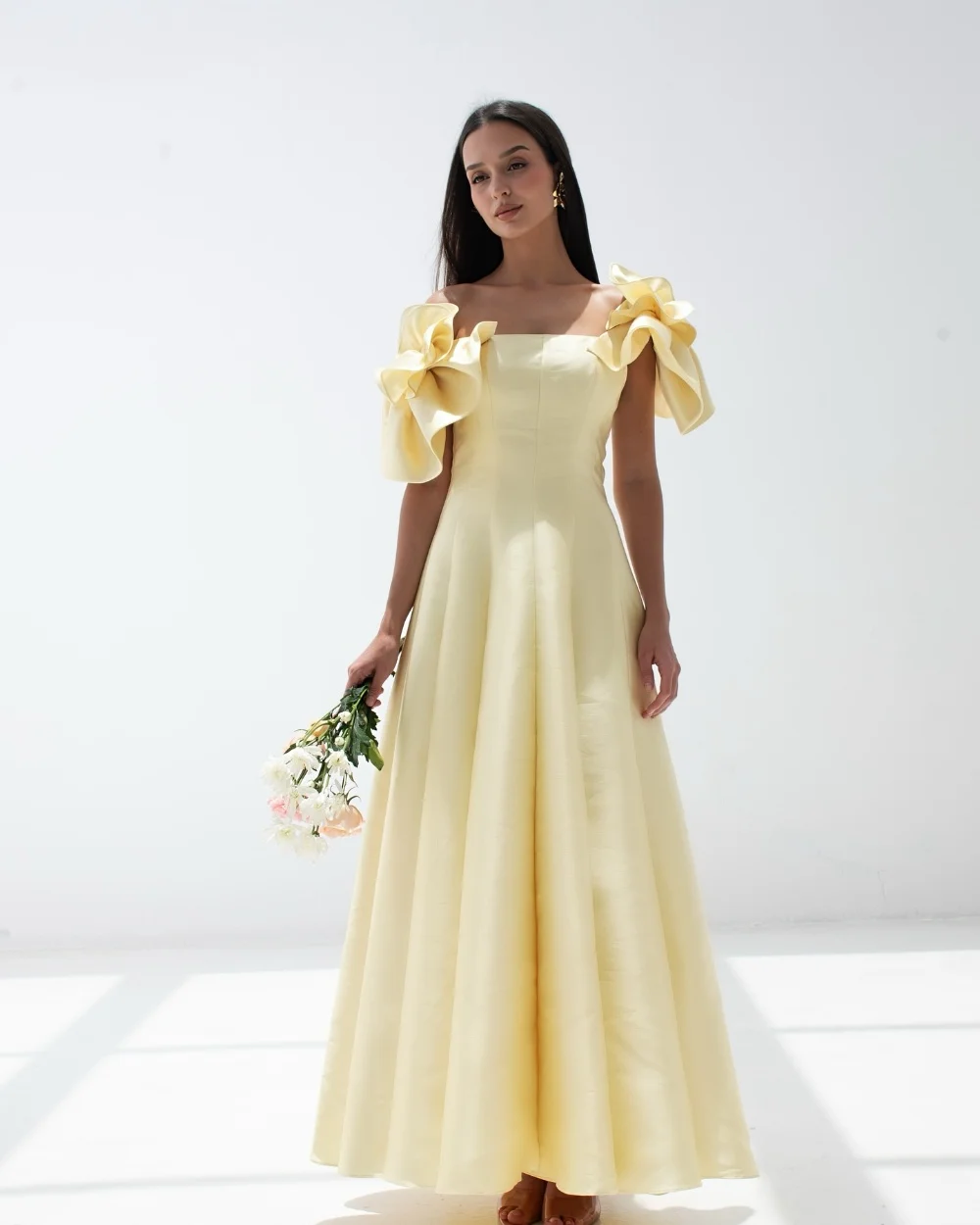 

Customized Yellow Simple Exquisite Jersey Pleat Handmade Flower A-line Off-the-shoulder Ankle Length Evening Dresses Fashion