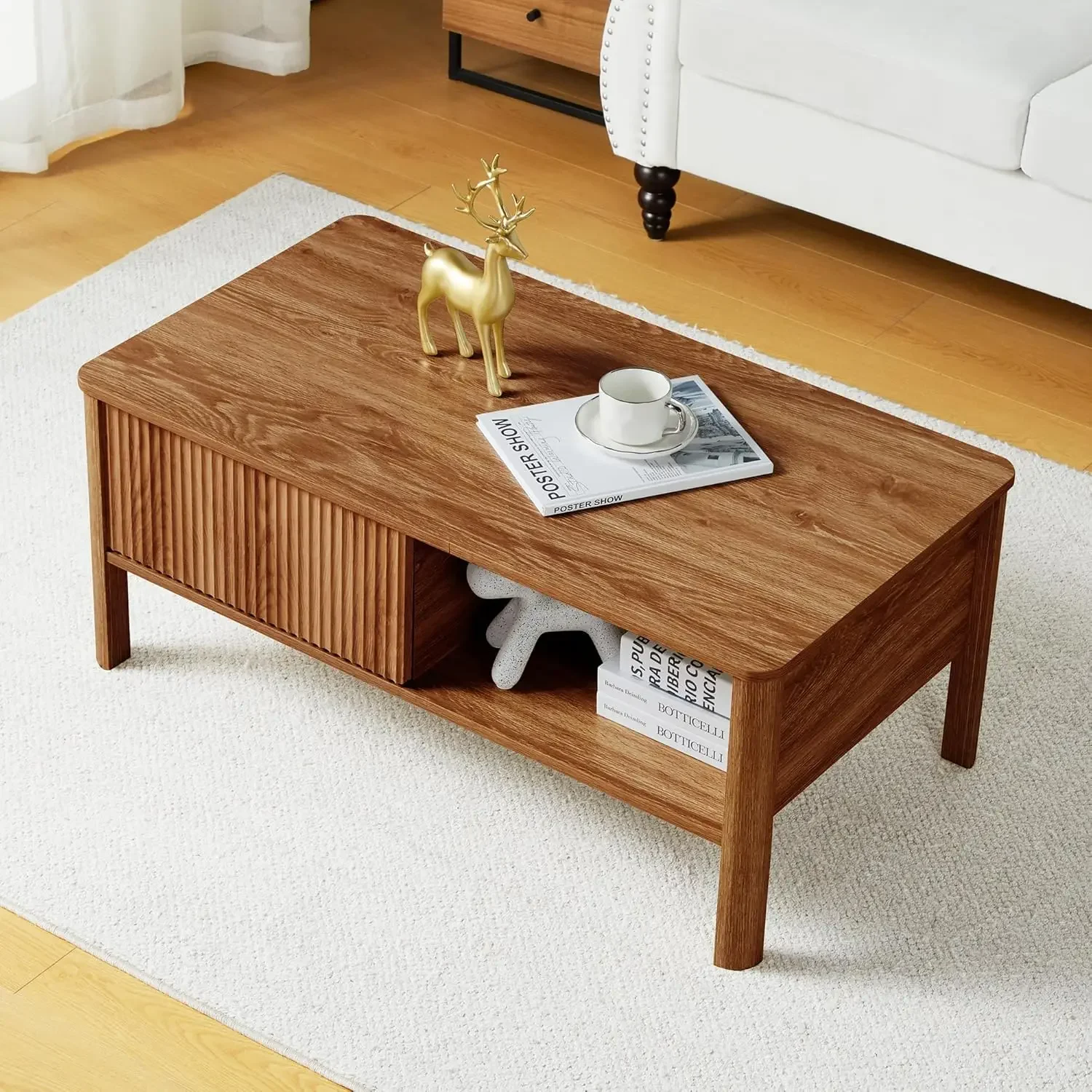 Coffee Table with Dual Storage Shelf, Storage Centerwith Waveform Panel Sliding Door Dining Table for Living Room Apartment