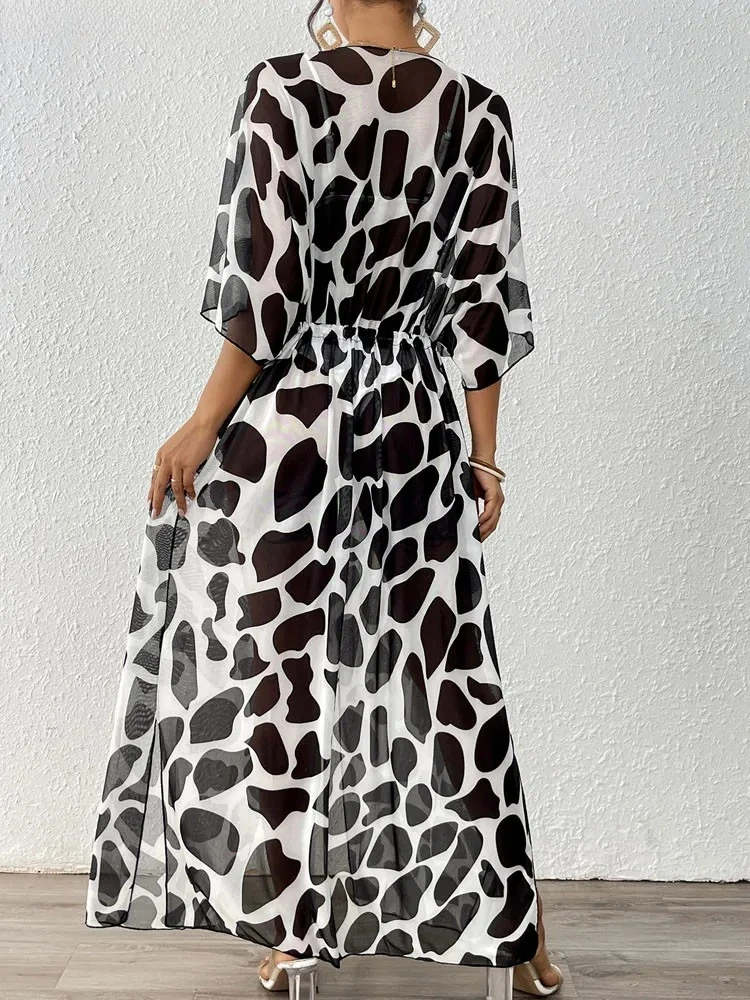 Vrouwen sexy mesh print bikini cove up korte mouw dame lange strandjurk losse vrouwelijke braziliaanse badpak cover-ups