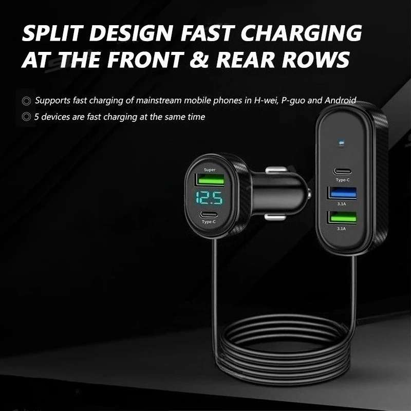 66W 5-Port Car USB Charger 1.5M Long Cable Ultra-Fast Charging for Front/Rear Row DC 12V/24V Type-C 3.1A Universal for Auto