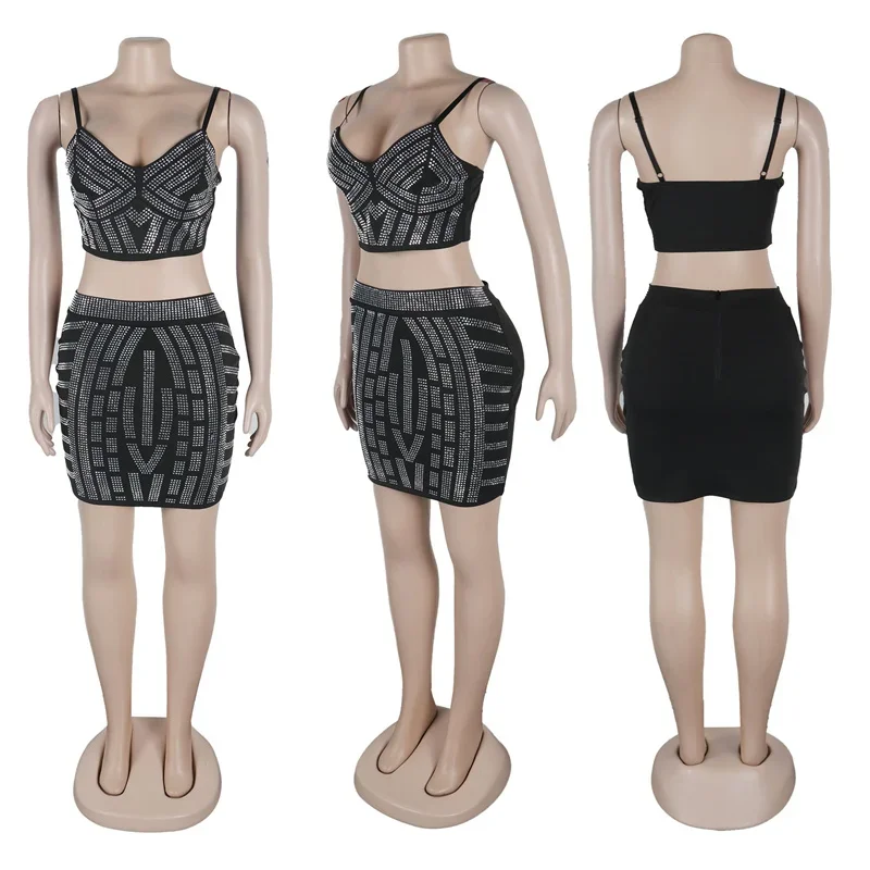 Sexy Rhinestones 2 Piece Sets Women Outfit Festival Clothing Camisole Crop Top and Mini Skirt Sets Party Club Birthday Outfits