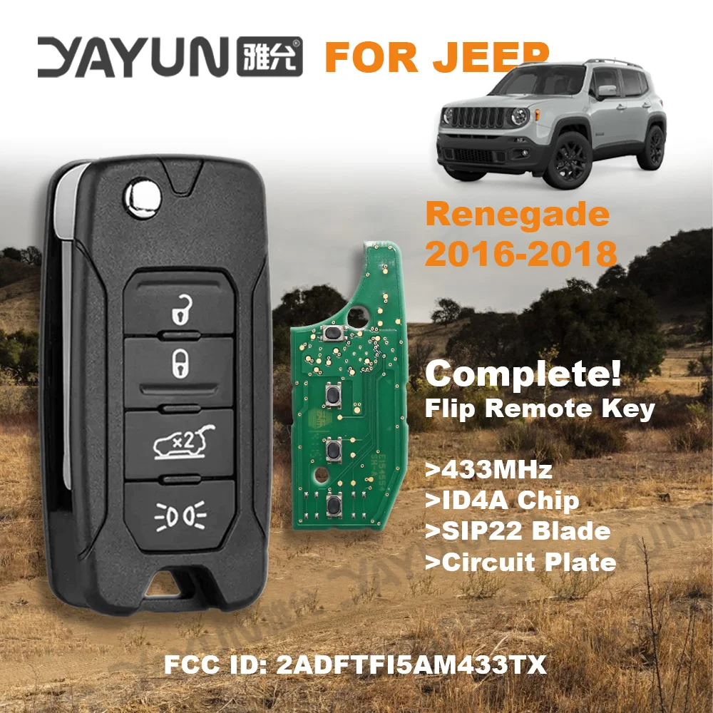 YAYUN 4 Buttons 2015/6/7/8 Complete Flip Remote Car Key 433MHz ID4A Chip 2ADFTFI5AM433TX SIP22 Blade With Logo For Jeep Renegade