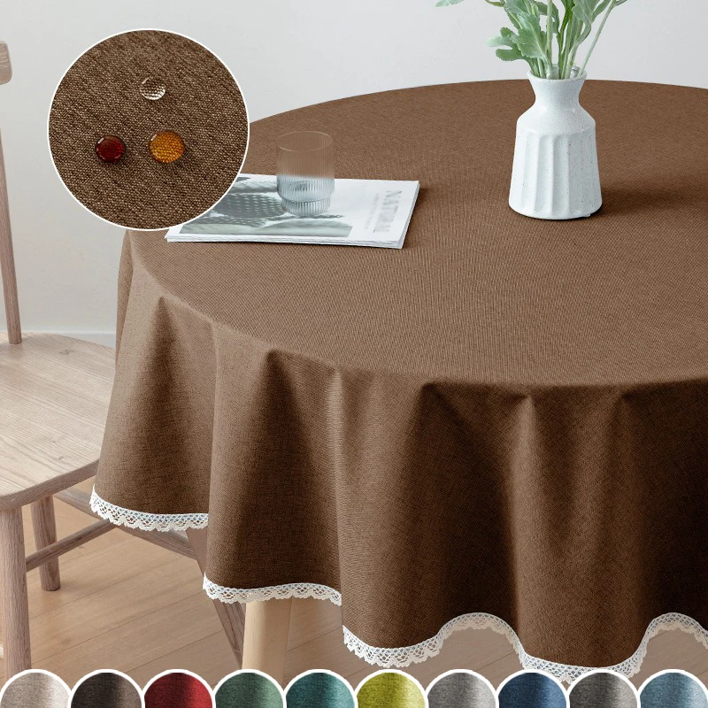 

Cotton Linen Round Solid Tablecloth Waterproof Oil Proof Wrinkle Free Easy Clean Cover for Garden Coffee Table Wedding Party
