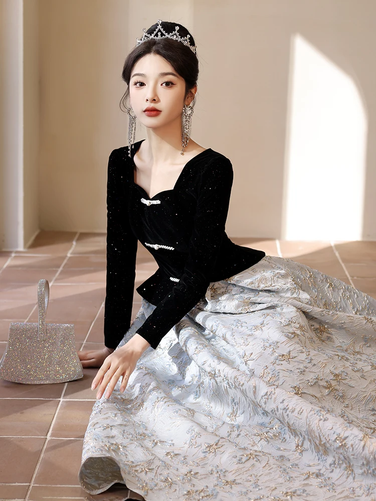 

Элегантное черное вечернее платье с длинными рукавами для женщин: модное, для торжественных мероприятий, высококачественное, легкое, уникальное, для новогодних вечеринок