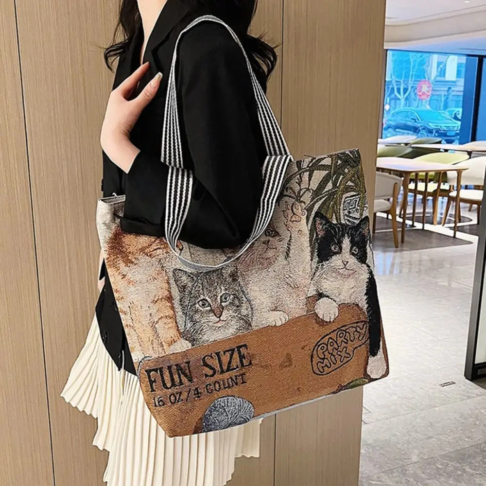 Retro Embroidery Canvas Tote Bag Cute Cartoon Cat Dog Shoulder Bag Ethnic Style Handbag Shopping Bag Mommy Bag