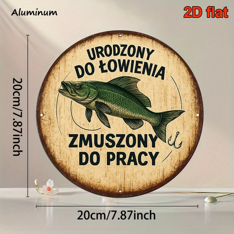 2D Flat, 1pc Vintage Polish Fishing-Themed Aluminum Sign - 8x8 Inch Round Rustic Metal Wall Decor with Leaping Fish & Polish Phr