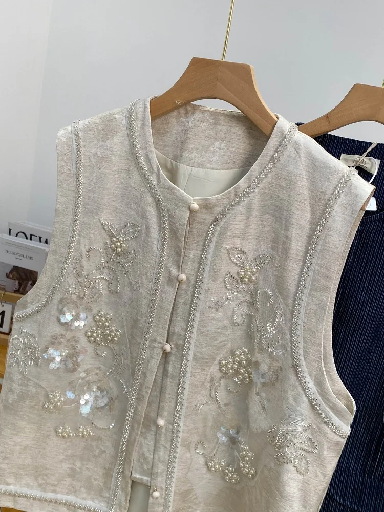Nieuwe Chinese Sle Heavy Embellied Sequin Jaet Dames Zomer 2025, Seizoensgebonden Faion Gelaagdheid Tanktop Vest met knopen