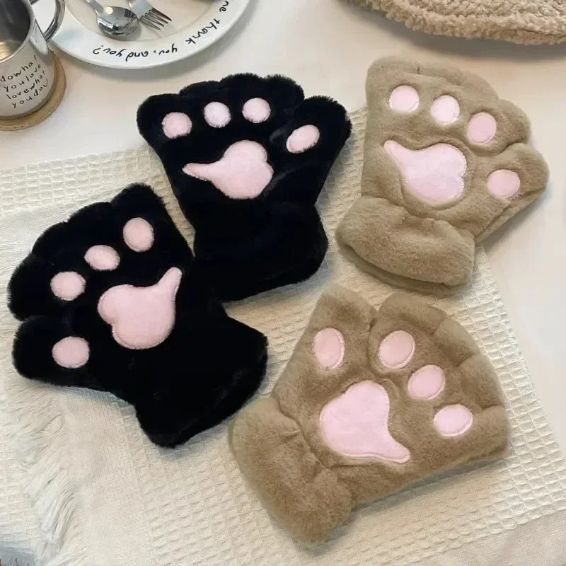 Kawaii Women Cat Gloves Fashion Girls Cat Claw Paw Plush Mittens Warm Soft Plush Short Fingerless HalfFinger Winter Thick Gloves