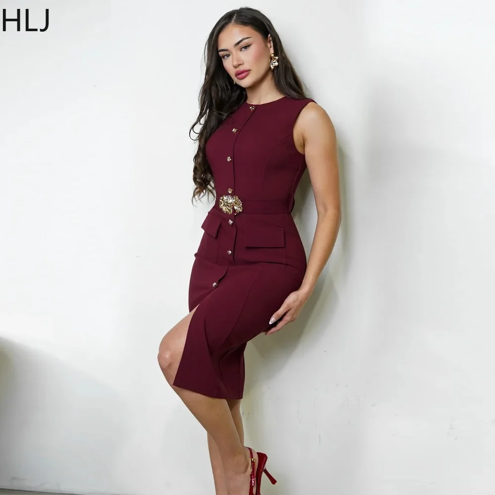 HLJ élégant couleur unie robes moulantes pour femme sans manches simple boutonnage fente robe femme fête nuit anniversaire robes nouveau