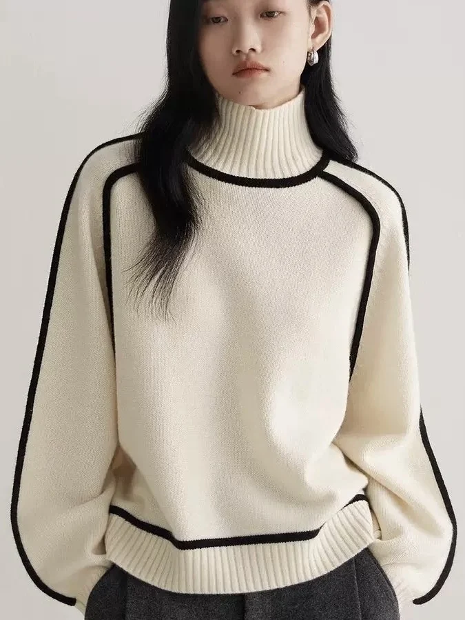 

Autumn Winter Women Fashion Loose Striped Pullover Knitted Jumper Female Long Sleeve Knitwear Lady Turtleneck Sweater F409