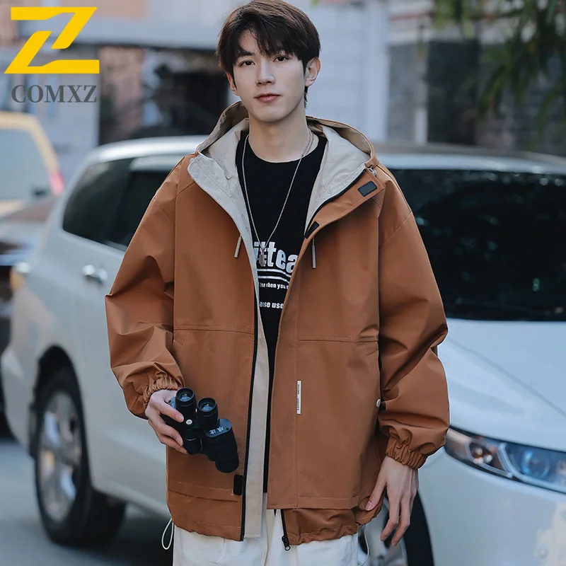 Outdoor Camping Waterproof Jackets Men's Autumn New Casual Trendy Work Hooded Windbreaker Street Clothing Harajuku Loose Coats