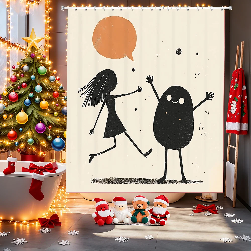 Cute Monster Girl Shower Curtain, Black White Cartoon Character Funny Dialogue Waterproof Bath Curtain, Kids Bathroom Decor