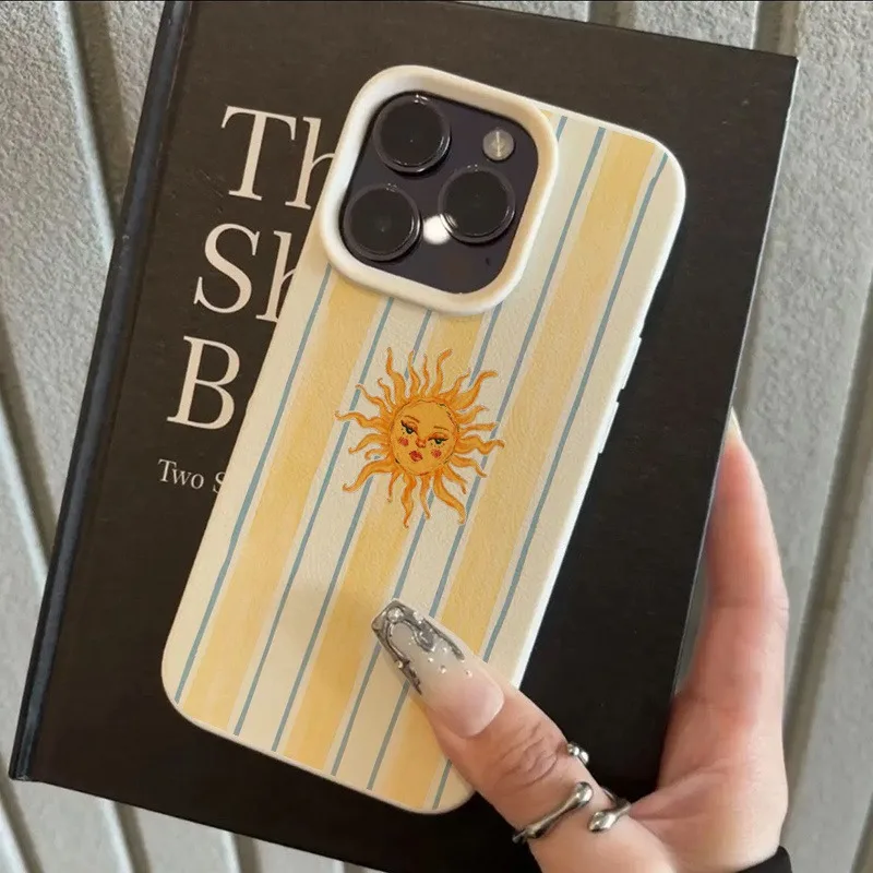 A Yellow Striped Cartoon Sun Pattern Phone Case with a Lychee Texture, Suitable for iPhone 17, 16, 15, Plus, Pro, Max Series Phones—Can Be Used as a Gift