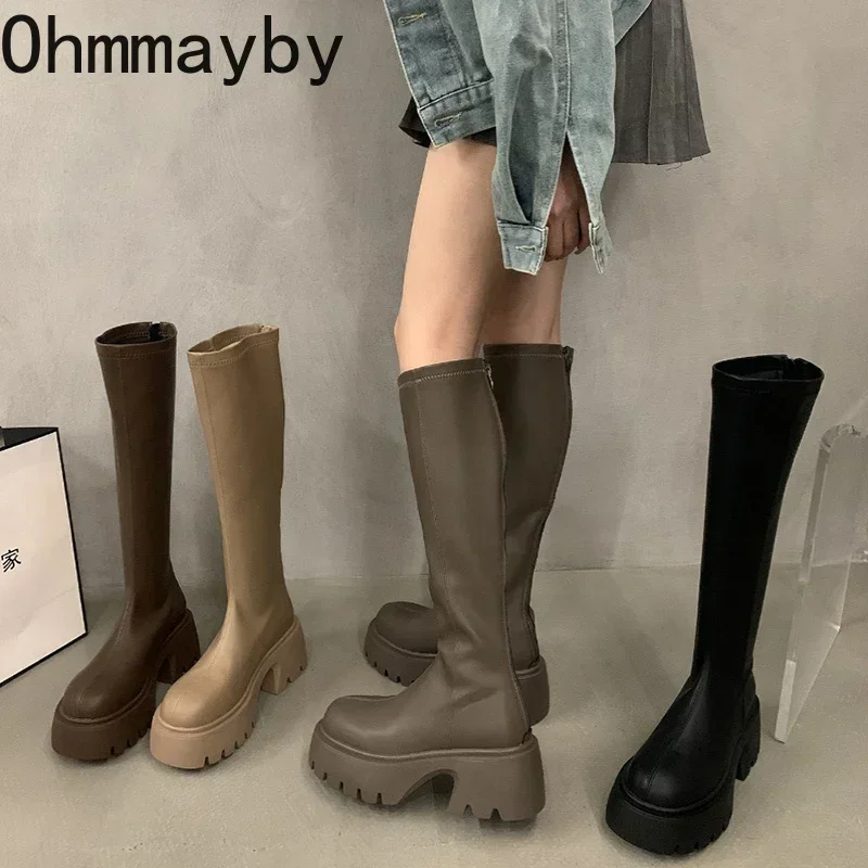 Winter High Boots For Women Fashion Back Zippers Long Boots Female Elegant Platform Thick Bottom Women's Knight Botties