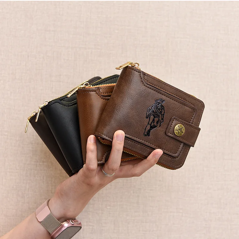 

Leather Men's Short Zipper Wallet Vintage RFID Blocking Large Capacity Bifold Wallet for Men Card Holder Purse with Coin Pocket