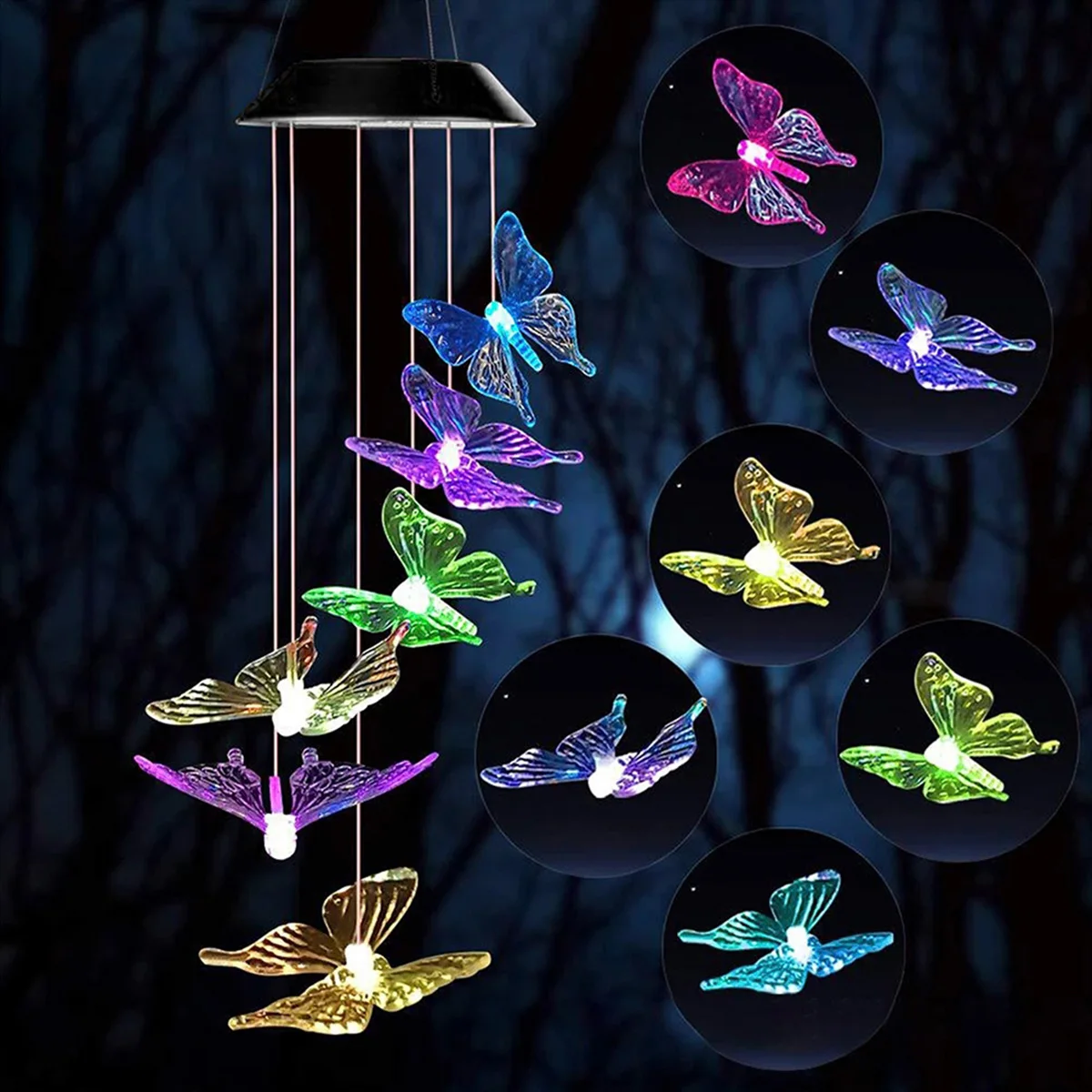 Solar Wind Chimes Light, Butterfly Garden Lamp, Luzes solares, Wind Chime, Luz colorida, Lâmpada de suspensão impermeável, Decoração do jardim