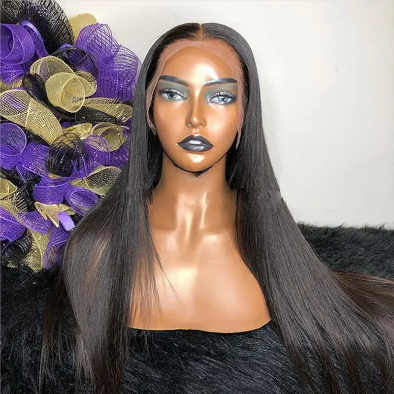 

Natural Black Silky Straight Soft 180%Density 26Inch Long Preplucked Natural Hairline Glueless Lace Front Wig For Women Babyhair