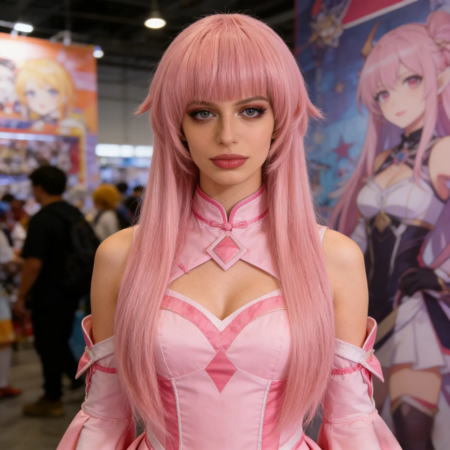 Layered Synthetic Wig Pastel Pink Anime Female Cosplay Wigs For Woman Long Straight Pink Cosplay Wig with Bangs Heat-Resistant