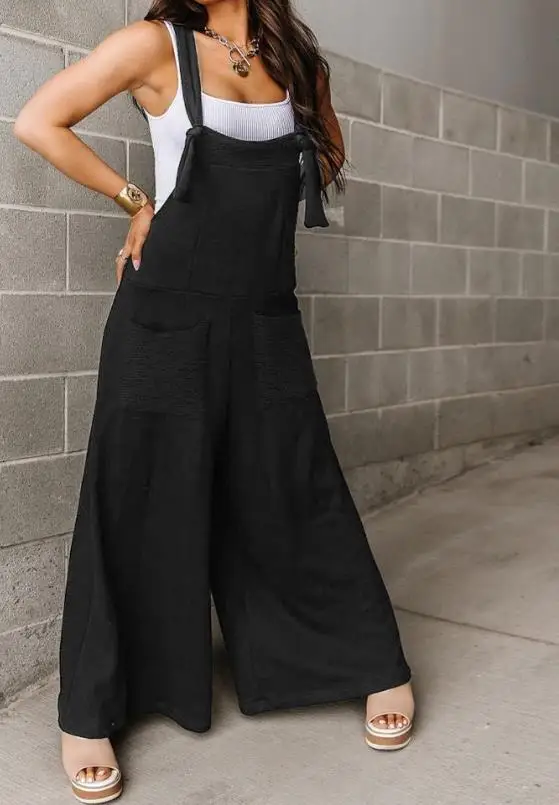 Hot Selling Contrast Paneled Wide Leg Suspender Jumpsuit for Women 2024 Spring Summer Casual Style Pocket Design Jumpsuit