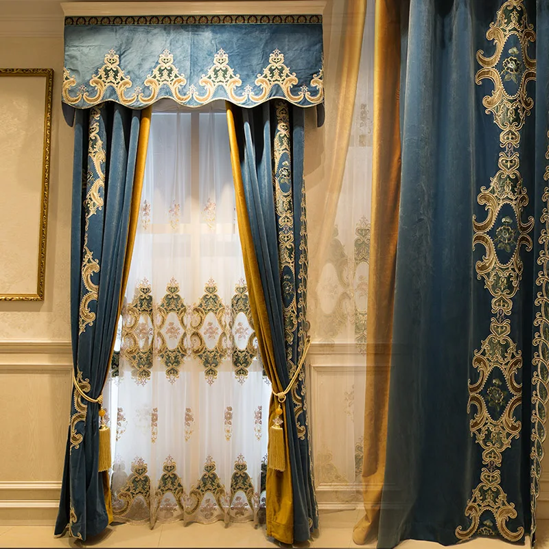 

Custom French flannelette embroidered fixed width unlimited height blue velvet cloth blackout curtain tulle valance drape C1757