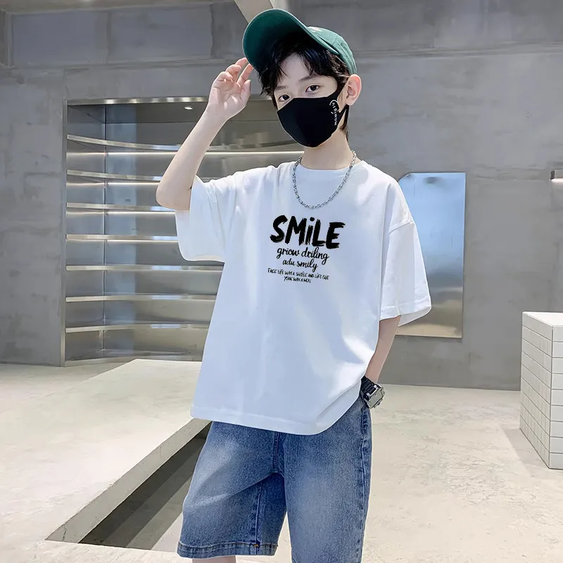 Retro Trendy Brand Letter Printed Loose Children's T-shirt Summer Pure Cotton Parent-child Outfit New Casual Round Neck T-shirt