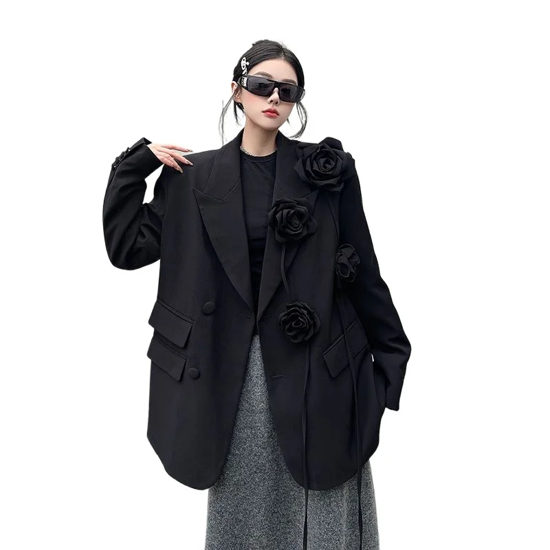 

Женские пиджаки, черный костюм с трехмерным цветком, свободное пальто, подплечники, силуэт, костюм, топ