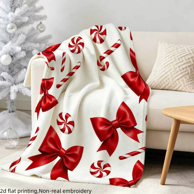Christmas Candy Cane Flannel Blanket Red Bow Peppermint Holiday Throw Blanket for Sofa Bed Couch Bedroom Living Room Winter Home Decor Christmas Decoration Seasonal Gift Cozy Nap Blanket Office Travel Sweet Festive Bedding Party Room Accent