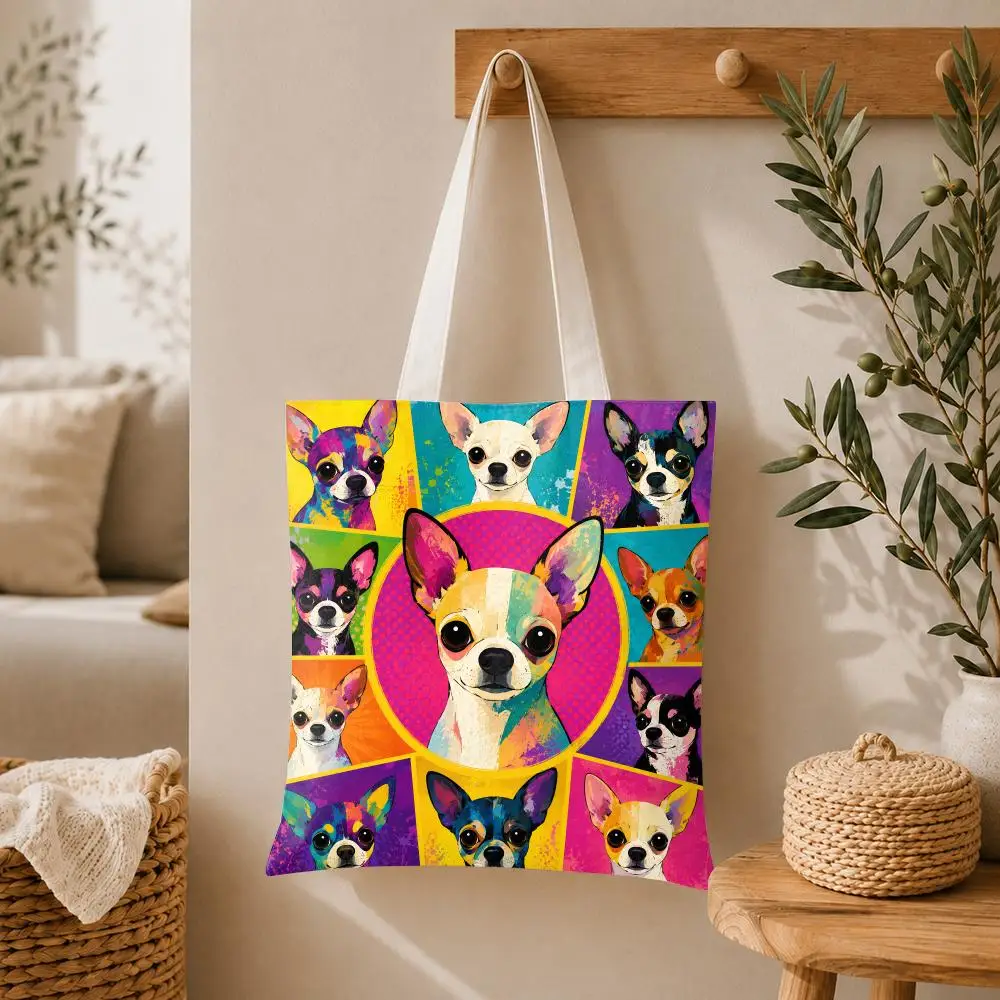 Chihuahua Pop Art Collage Storage Bags Large Capacity Canvas Tote Bag Reusable Shoulder Handbag for Daily Shopping Travel