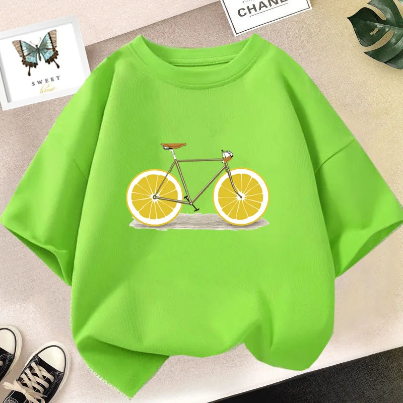 Kids T Shirt Cute Lemon Fruit Cartoon Bike Printed Tops Tee Short Sleeve Graphic Summer Fashion Boy Girl Clothing Unisex T-shirt