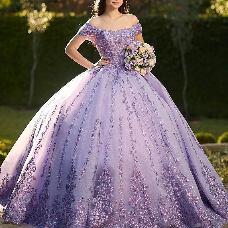 

Lavender Shiny Quinceanera Dresses Off The Shoulder Sequin Applique Lace Beading Crystal Tull Corset Party Birthday Sweet 16