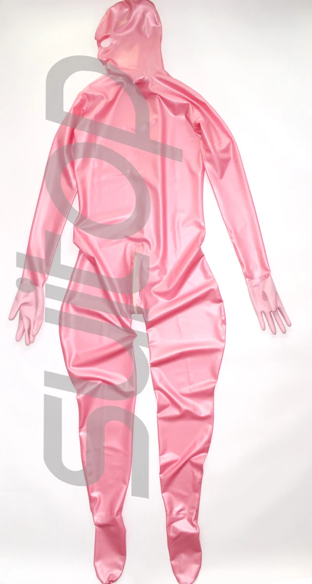 New woman's Full cover body latex catsuit  rubber zentai with back 3 zippers gloves, socks and hoods attahced in Metallic pink