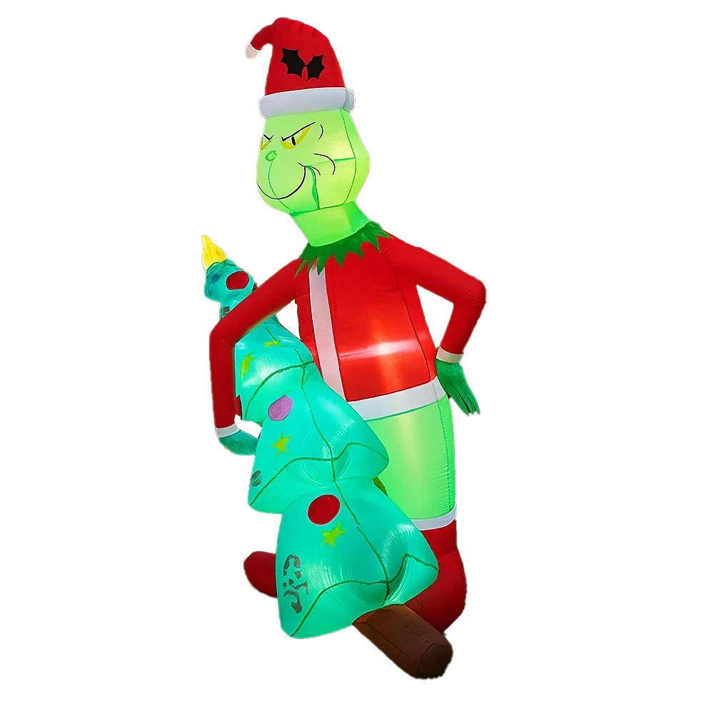 7FT Christmas Inflatable Decoration Straw Man Elderly Seated Gift Elf Green Goblin Outdoor Garden LED Christmas Decorations