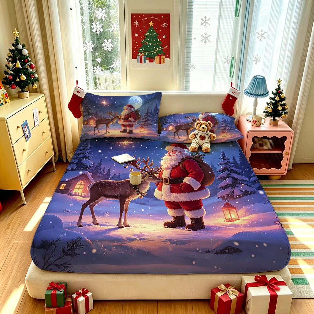 3PCS Christmas Eve Santa And Reindeer Bedding Set Soft Coreless Duvet Cover And Two Pillowcases For Bedroom Xmas Festival Hom